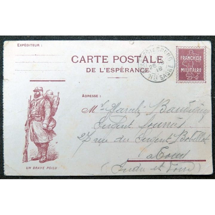 Carte postale de l'espérance 1918 avec franchise militaire