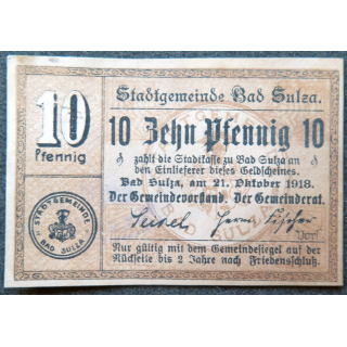 BIllet de banque de 10 pfennig de la ville de Bad Sulea 21 octobre 1918