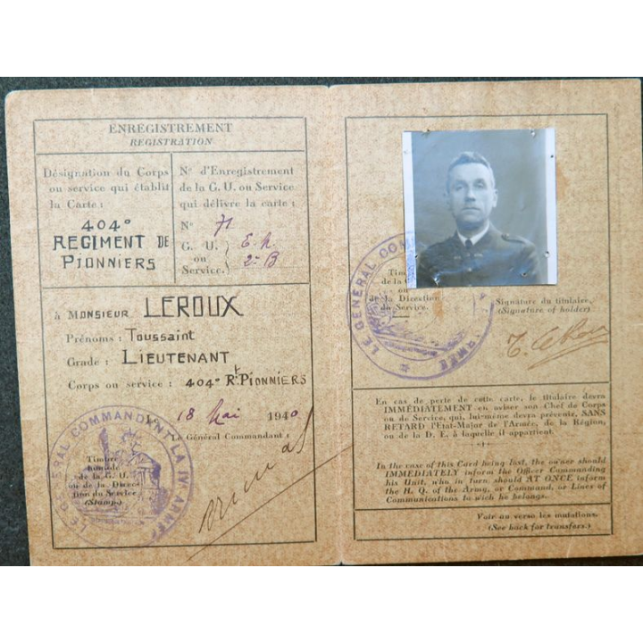 Carte d'identité militaire du lieutenant Leroux du 404° Pionniers 1940