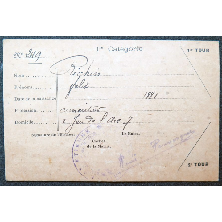 Carte d'électeur du Conseil des Prud'hommes de St-Etienne 1913