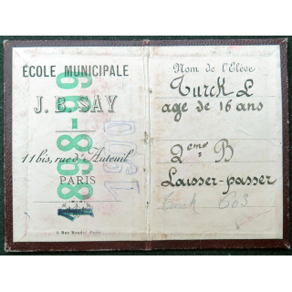 Carte de Laisser passer d'élève de 2ème B de l'école municipale J.B.Say de Paris 1898 1899