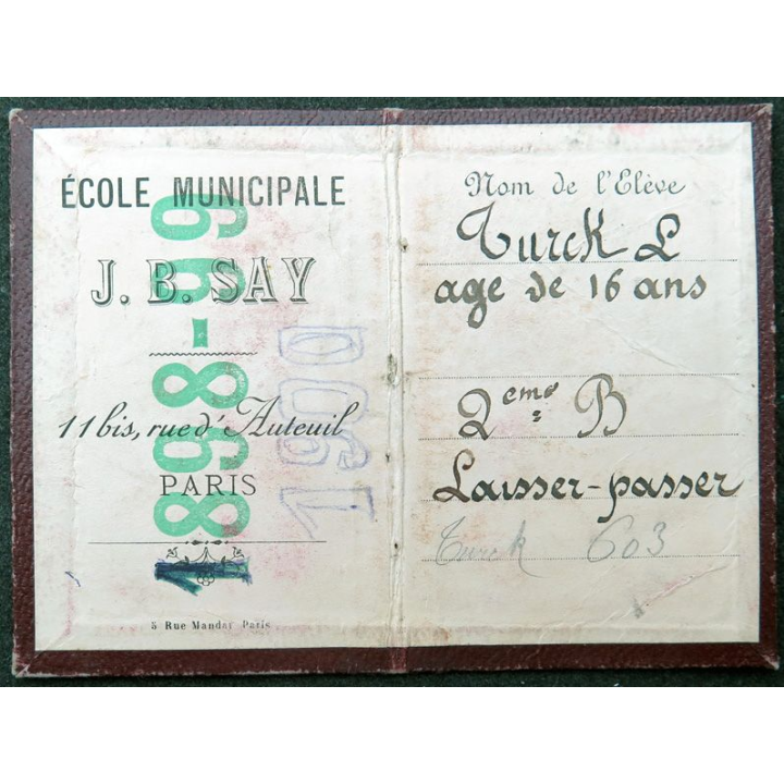 Carte de Laisser passer d'élève de 2ème B de l'école municipale J.B.Say de Paris 1898 1899