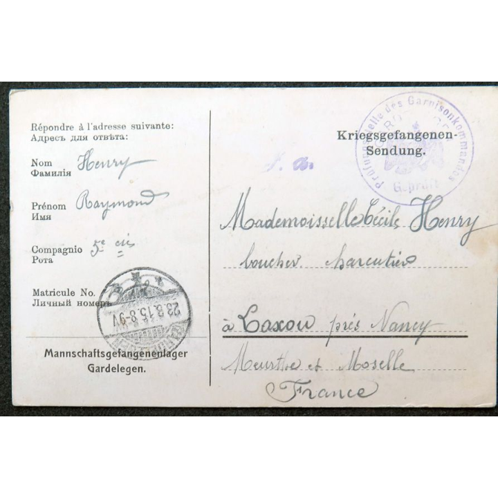 Carte postale de prisonnier de guerre 1915 