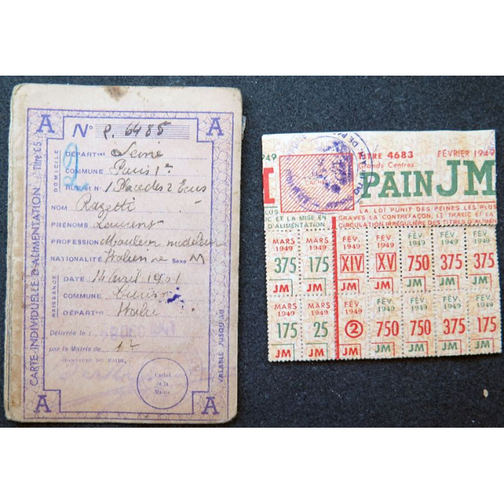 Carte individuelle d'alimentation 1941 avec timbres 1944 et 1949