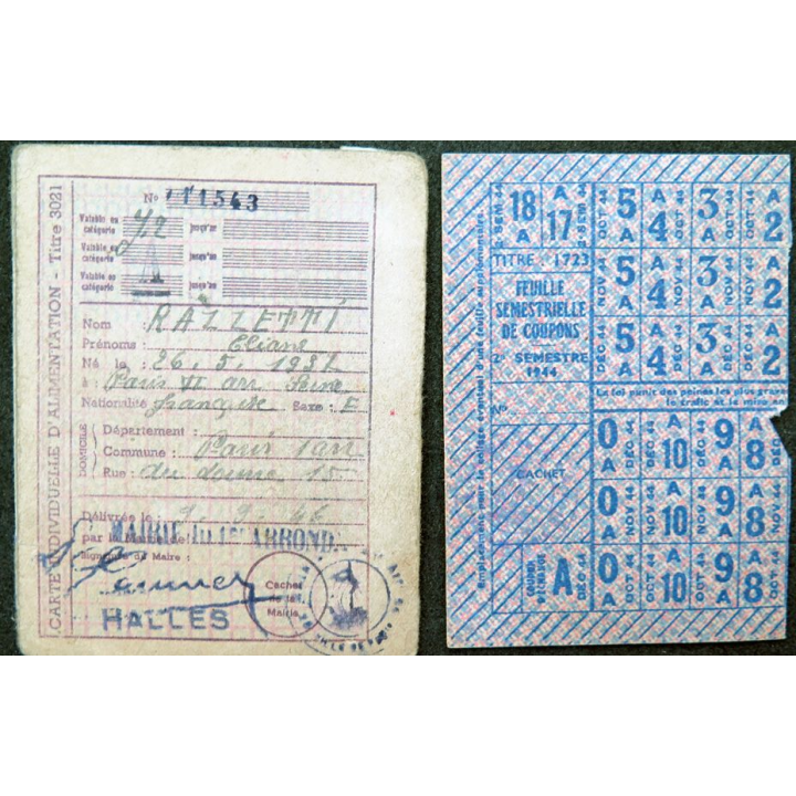 Carte individuelle d'alimentation 1946 avec timbres 1944 et 1947 et 1948