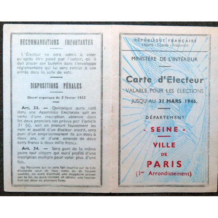 Carte d'électeur valable pour les élections jusqu'au 31 mars 1946 Ville de Paris