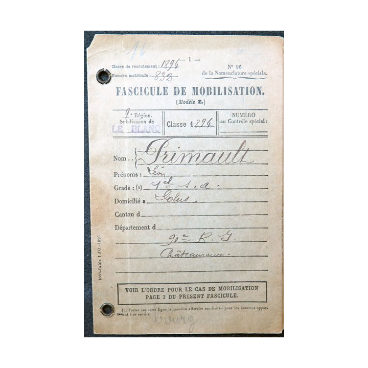Fascicule de mobilisation de la Classe 1894 90° Régiment d'Infanterie Châteauroux édité en 1921