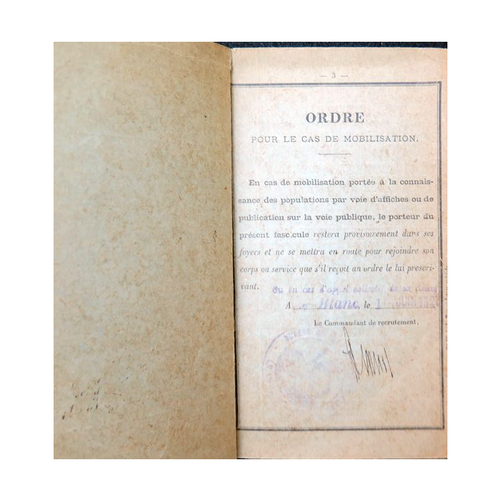 Fascicule de mobilisation de la Classe 1894 90° Régiment d'Infanterie Châteauroux édité en 1921