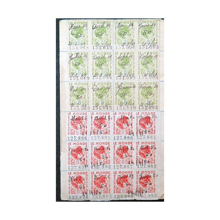 Lot de 142 timbres de l'assurance Le Monde allant du 21.02.1949 au 05/12/1960