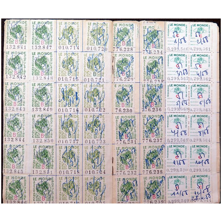 Lot de 142 timbres de l'assurance Le Monde allant du 21.02.1949 au 05/12/1960
