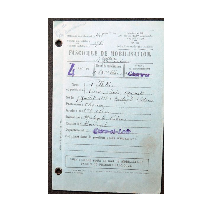 Fascicule de mobilisation de la Classe 1908 Chartres édité le 1° juin 1935