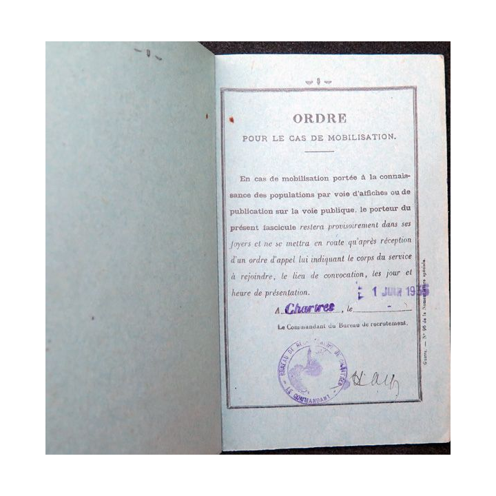 Fascicule de mobilisation de la Classe 1908 Chartres édité le 1° juin 1935