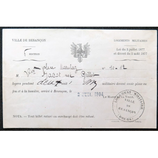Billet de Logement militaire pour 2 nuits ville de Besançon 2 juillet 1904