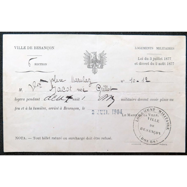 Billet de Logement militaire pour 2 nuits ville de Besançon 2 juillet 1904
