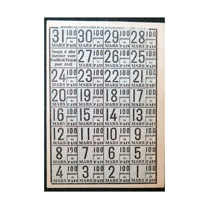 Feuille de 32 tickets de pain mars 1919 