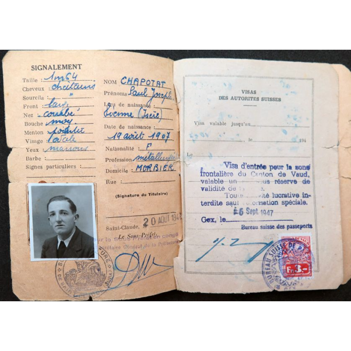 permis de circulation frontalière Morbier (Jura) zone frontalière Suisse 1947