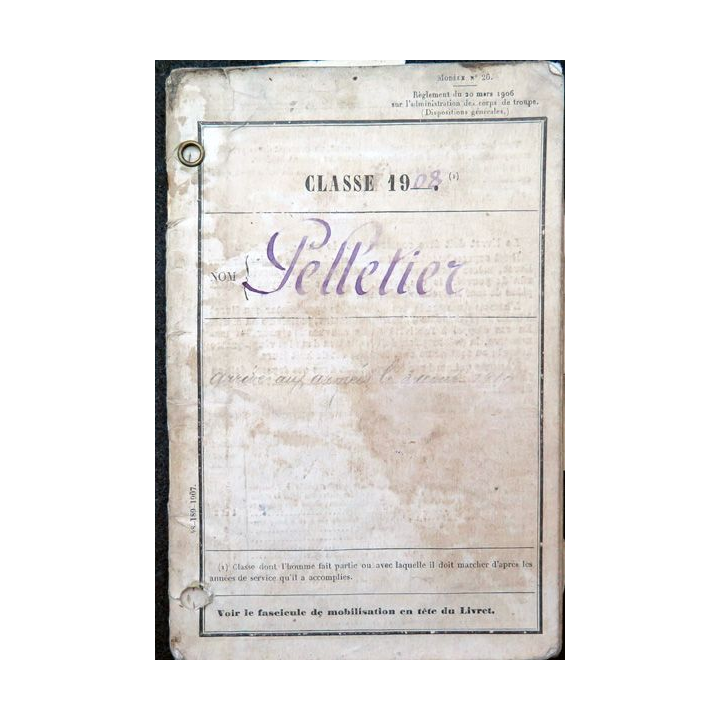 Livret militaire Classe 1908 du 183° régiment d'artillerie coloniale