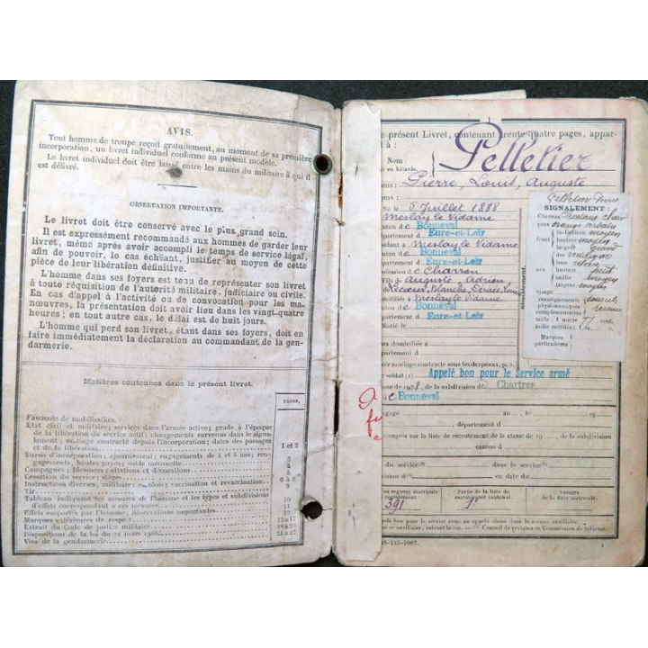 Livret militaire Classe 1908 du 183° régiment d'artillerie coloniale