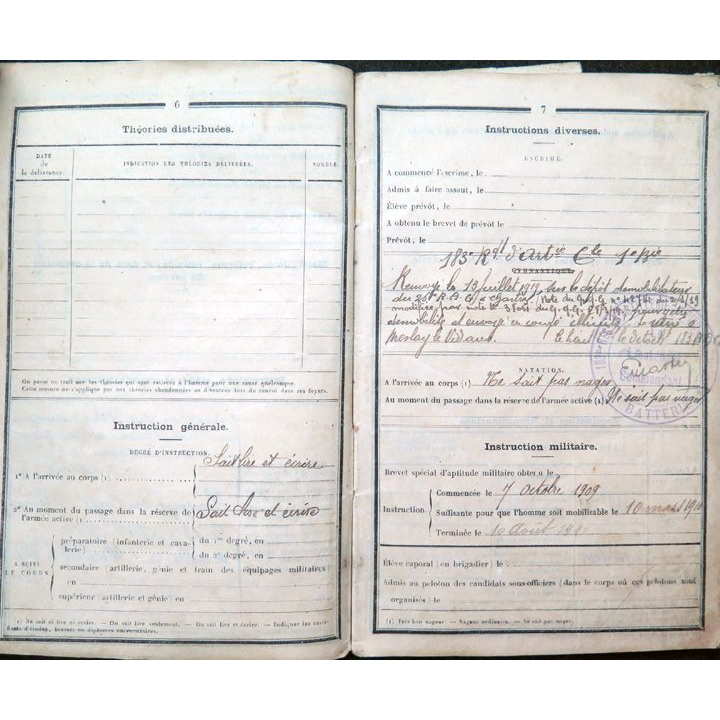 Livret militaire Classe 1908 du 183° régiment d'artillerie coloniale