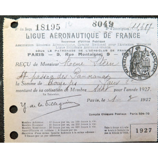 Reçu de la Ligue aéronautique de France de 1927