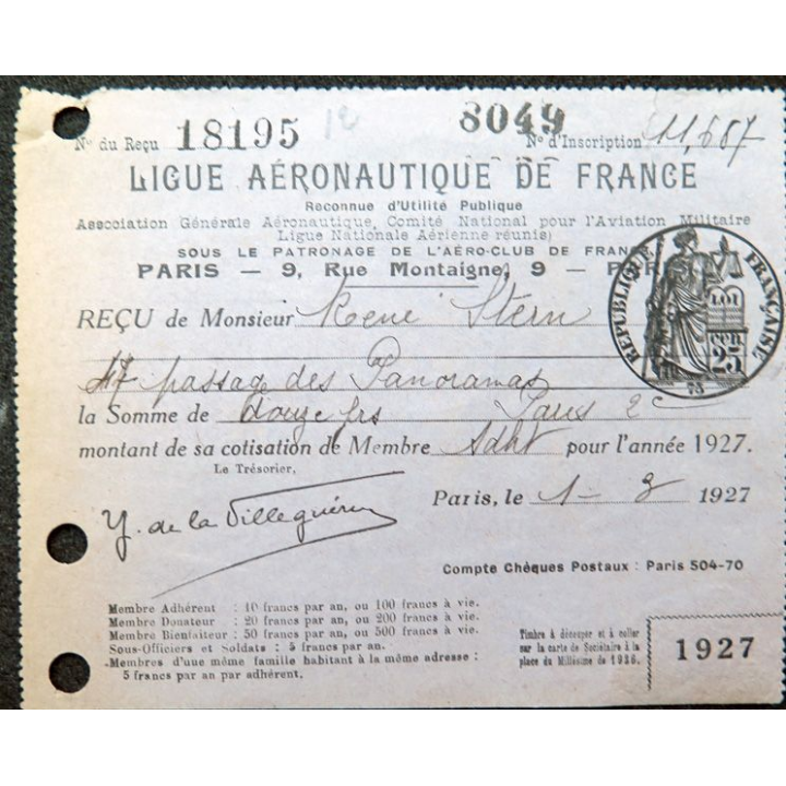 Reçu de la Ligue aéronautique de France de 1927