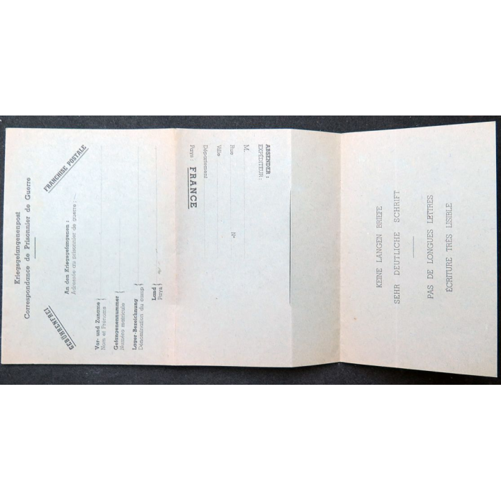 Carte en franchise postale de correspondance de Prisonnier de Guerre