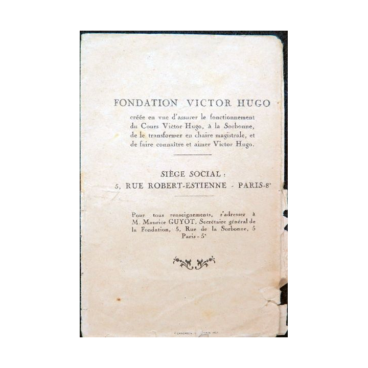 Petit fascicule de la Fondation Victor Hugo pour les élèves 1927
