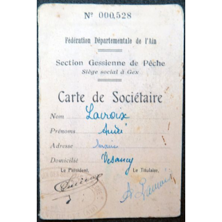 Carte de sociétaire bde la section gessienne de Pêche (GEX, Ain) 1947