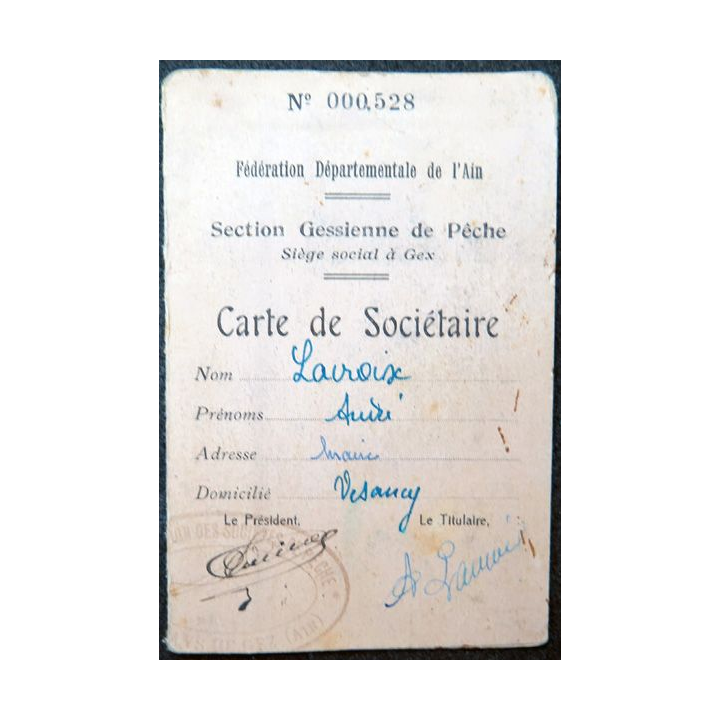 Carte de sociétaire bde la section gessienne de Pêche (GEX, Ain) 1947