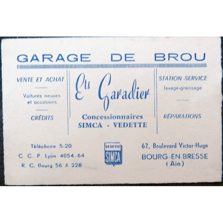 Carte du Garage de Brou simca vedette Etats Garadier des années 50