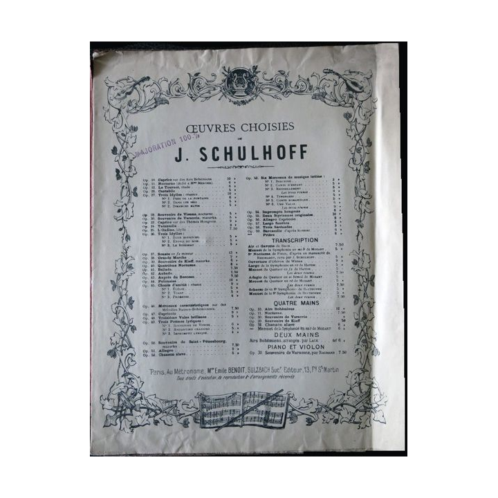 Chanson Slave pour piano de Jules Schulhoff- Au Métronome Emile Benoit, Sulzbach successeur Editeurs