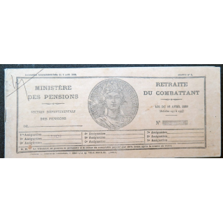 Carnet de retraite du Combattant Minsitère des pensions Loi du 16 avril 1930