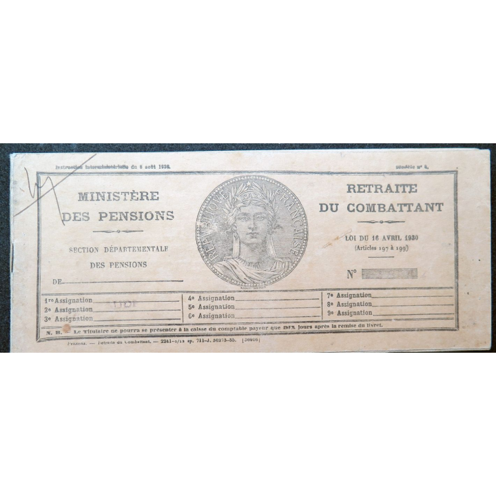 Carnet de retraite du Combattant Minsitère des pensions Loi du 16 avril 1930