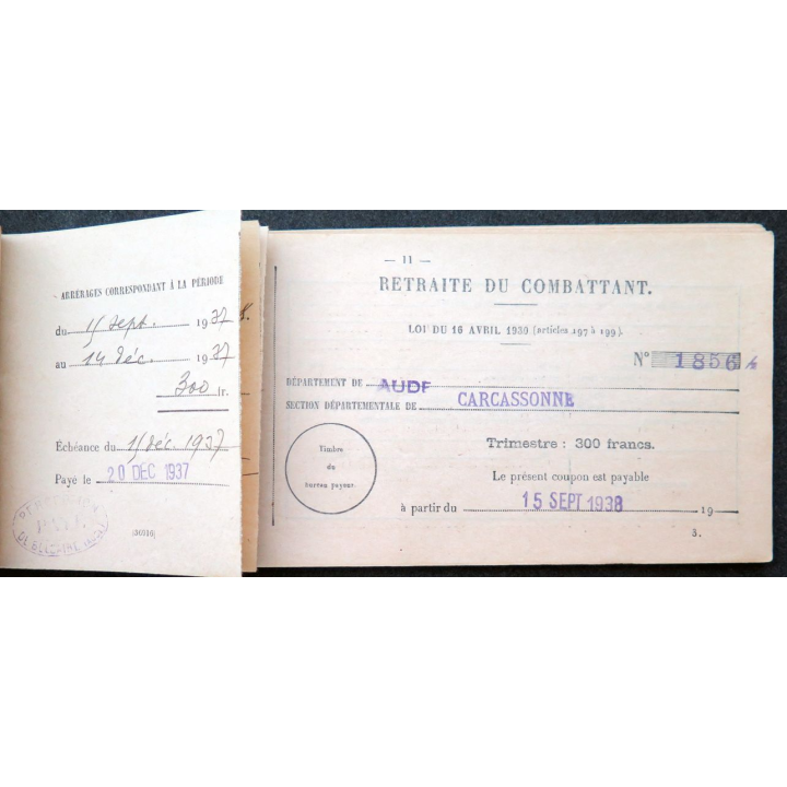 Carnet de retraite du Combattant Minsitère des pensions Loi du 16 avril 1930