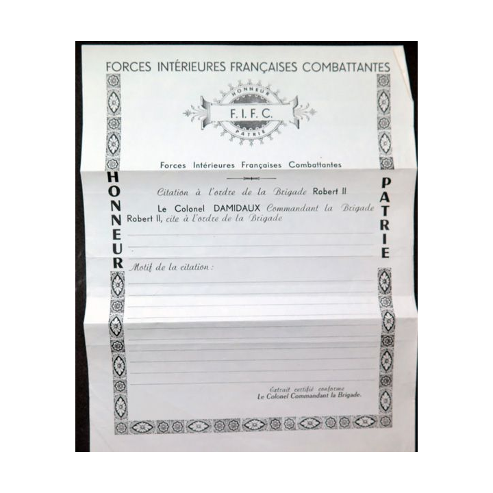 Document de citation des forces intérieures Françaises Combattantes FIFC