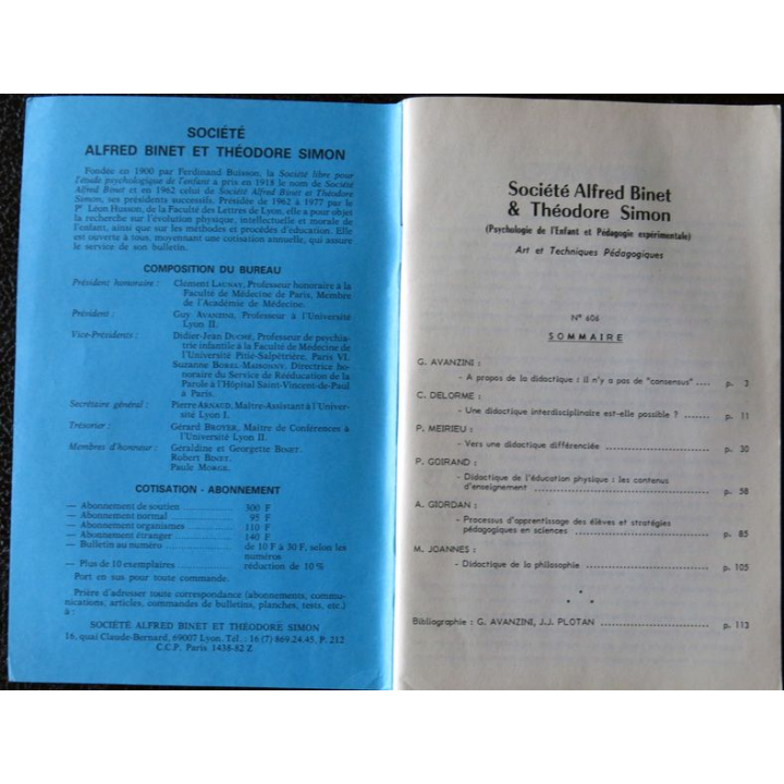 Le Binet Simon  N° 606 - Didactique et didactiques aujourd'hui, Imprimerie Tardy (1986)