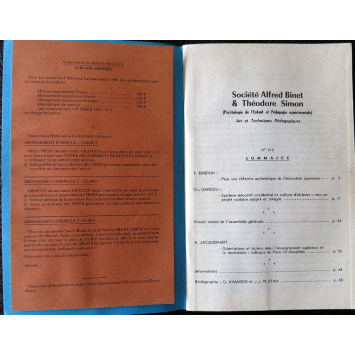 Le Binet Simon  N° 613 - L'éducation au Japon et aux Marquises, Imprimerie Tardy (1988)