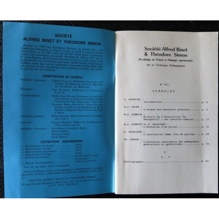 Le Binet Simon  N° 615 - A propos de l'autisme : le projet de la Bourguette, Imprimerie Tardy (1988)