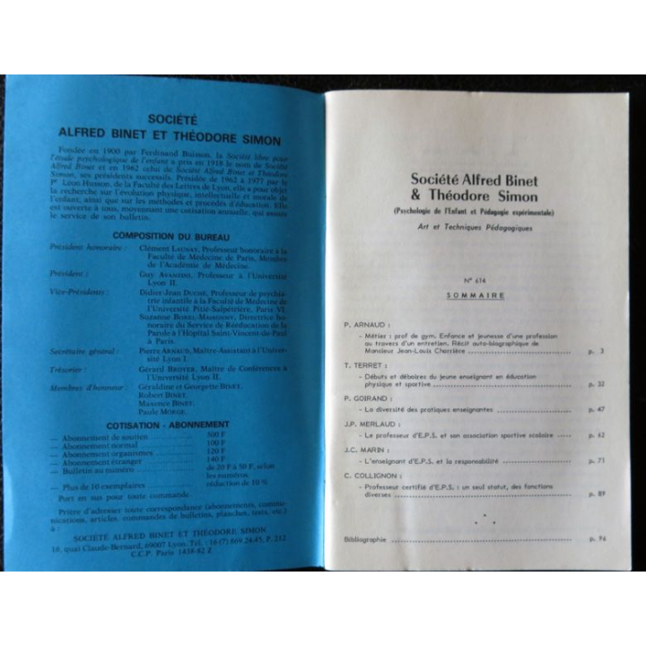 Le Binet Simon  N° 614 - L'exercice du métier professeur d'éducation physique et sportive, Imprimerie Tardy (1988)