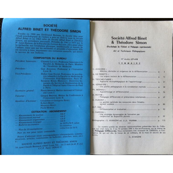 Le Binet Simon  N° 617/618 Pédagogie et formation différenciées d'actes du Colloque d'Aix-en-Provence Imprimerie Tardy