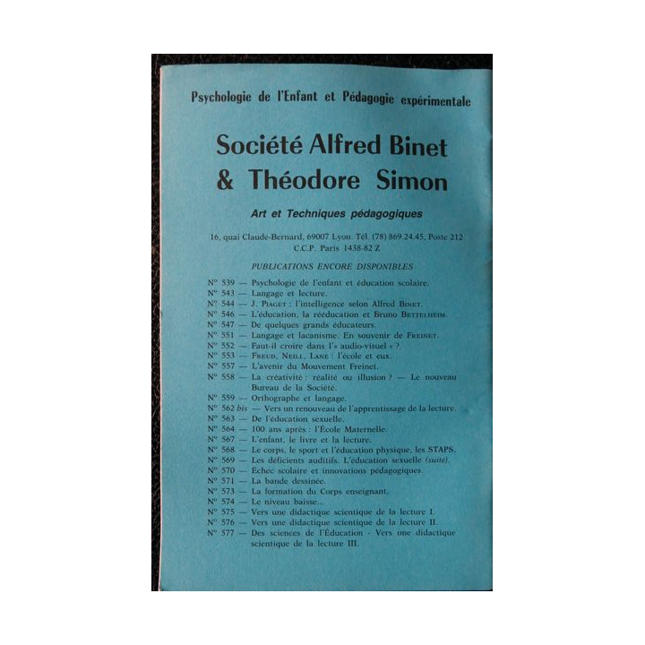 Le Binet Simon  N° 616 - Pédagogie et psychologie à la connaissance Imprimerie Tardy (1988)