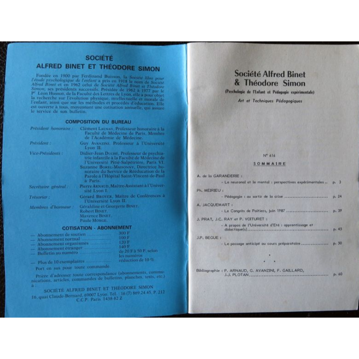 Le Binet Simon  N° 616 - Pédagogie et psychologie à la connaissance Imprimerie Tardy (1988)