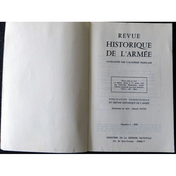 Revue Historique de l'armée - 26° année N° 1 - 1970