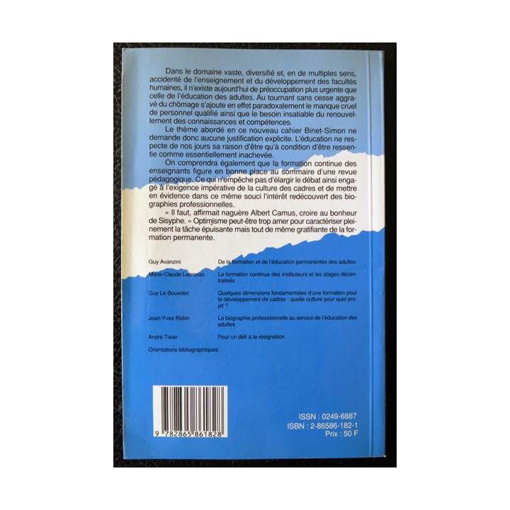 Cahiers Binet Simon N° 628 - Education des adultes et formation permanente Editions Erès