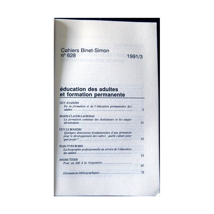 Cahiers Binet Simon N° 628 - Education des adultes et formation permanente Editions Erès