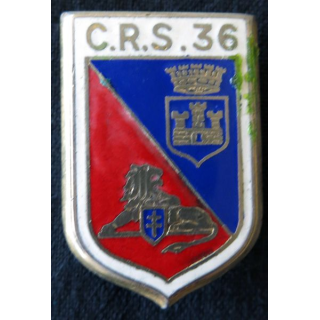 CRS 36 : insigne de la compagnie républicaine de sécurité n° 36 argenté, fabrication Drago Paris