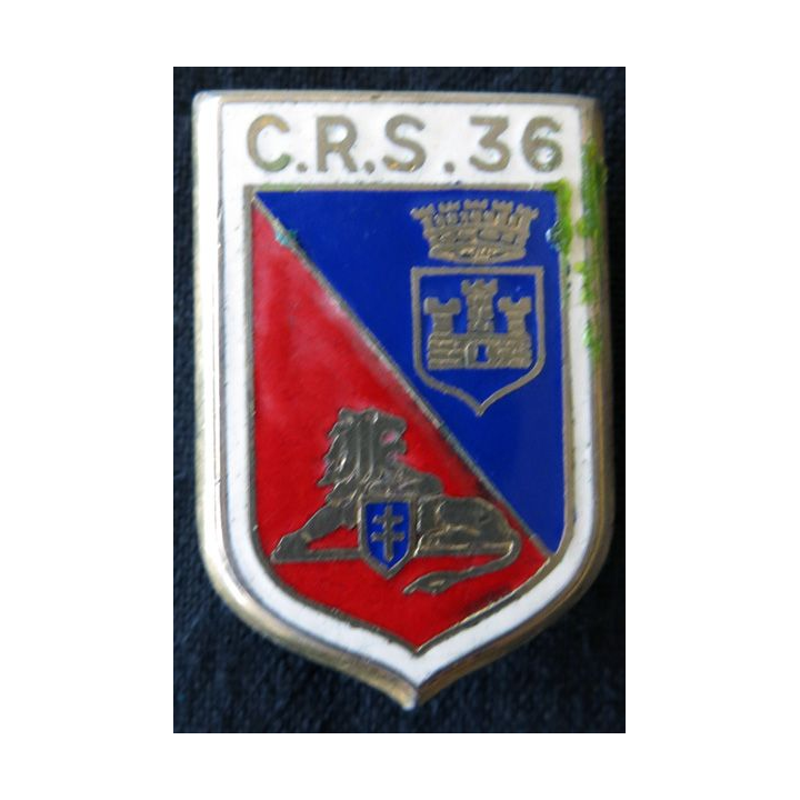 CRS 36 : insigne de la compagnie républicaine de sécurité n° 36 argenté, fabrication Drago Paris