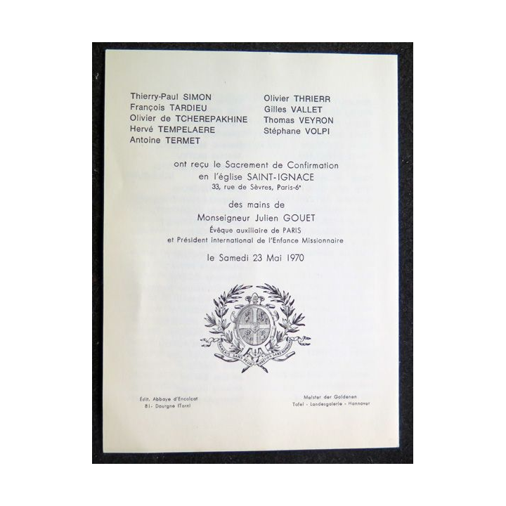 IMAGE PIEUSE : image de Sacrement de Confirmation 23 Mai 1970 Saint Ignace