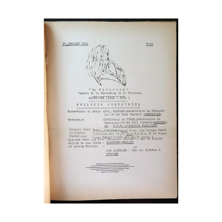 Bulletin semestriel n° 69 du 1° juillet 1952 de la Promotion Victoire Saint Cyr 1918 - 20