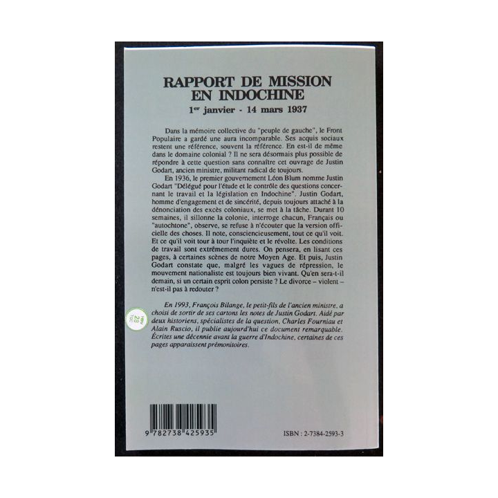 Rapport de mission en Indochine du 1° Janvier au 14 Mars 1937 l'Harmattan 2023